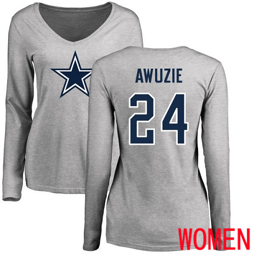 Women Dallas Cowboys Ash Chidobe Awuzie Name and Number Logo Slim Fit #24 Long Sleeve Nike NFL T Shirt